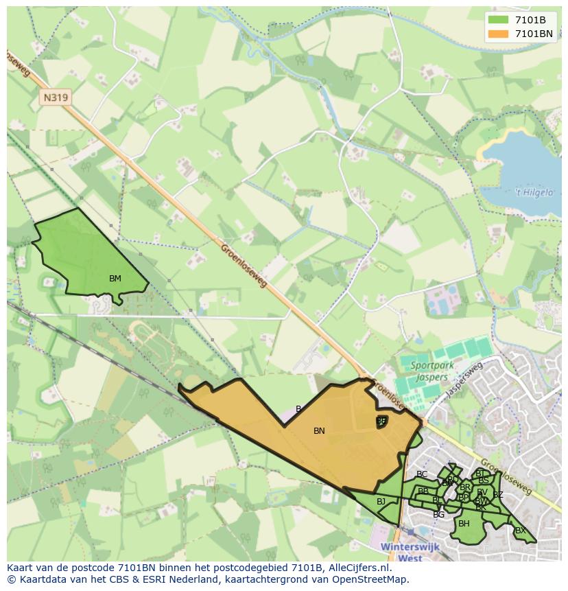 Afbeelding van het postcodegebied 7101 BN op de kaart.
