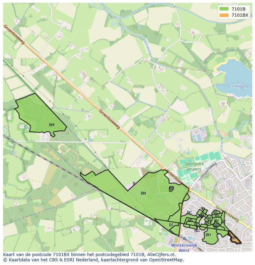 Afbeelding van het postcodegebied 7101 BX op de kaart.