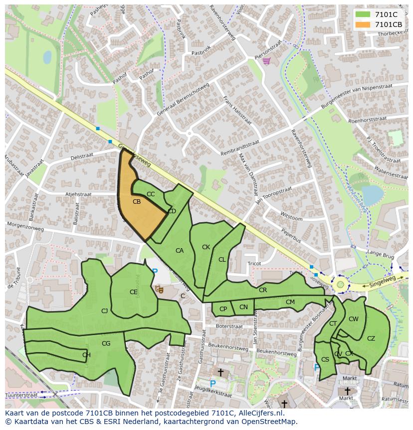 Afbeelding van het postcodegebied 7101 CB op de kaart.