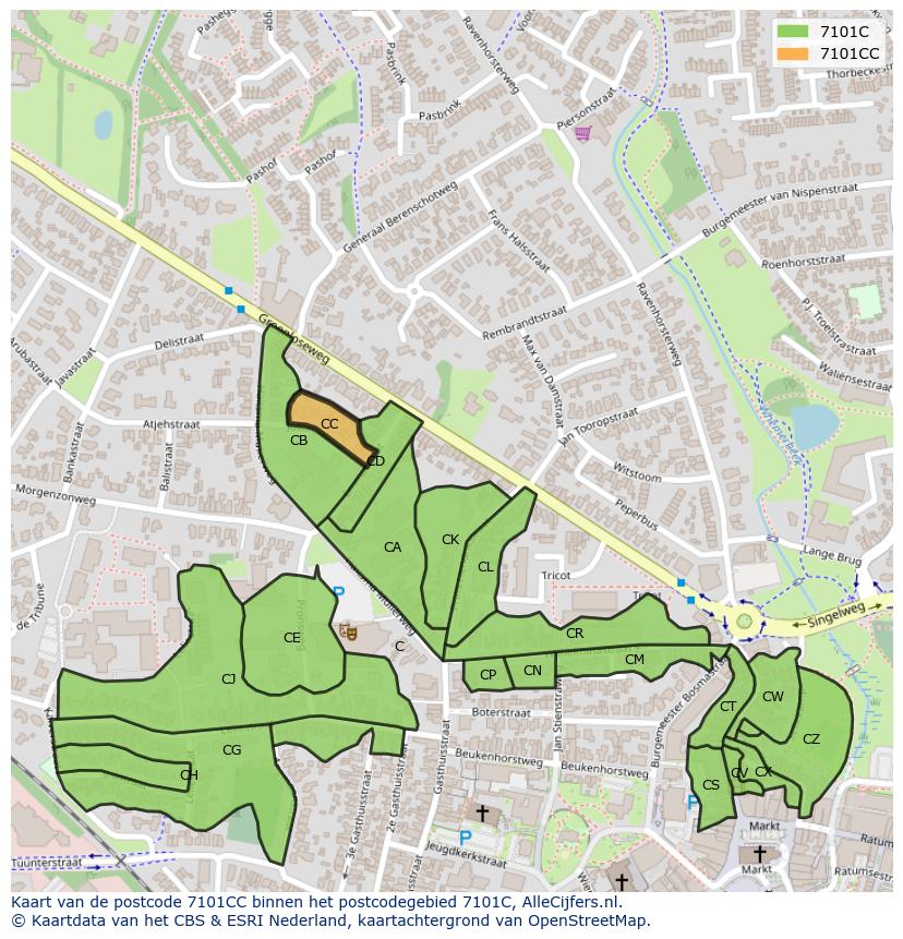 Afbeelding van het postcodegebied 7101 CC op de kaart.