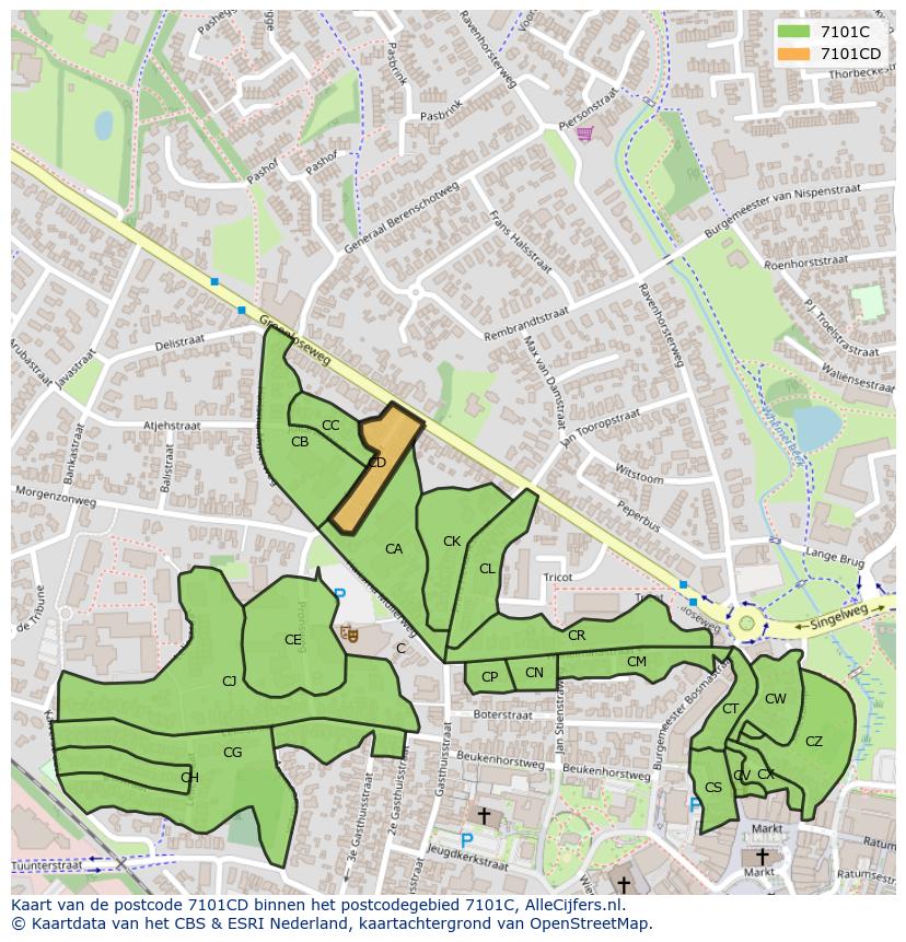 Afbeelding van het postcodegebied 7101 CD op de kaart.