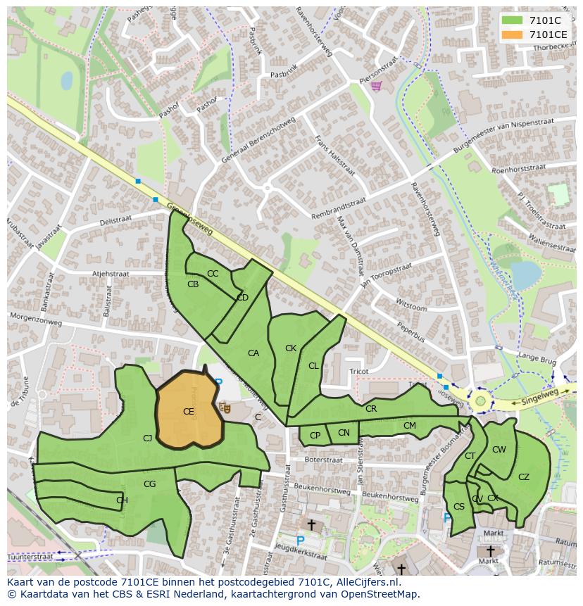 Afbeelding van het postcodegebied 7101 CE op de kaart.