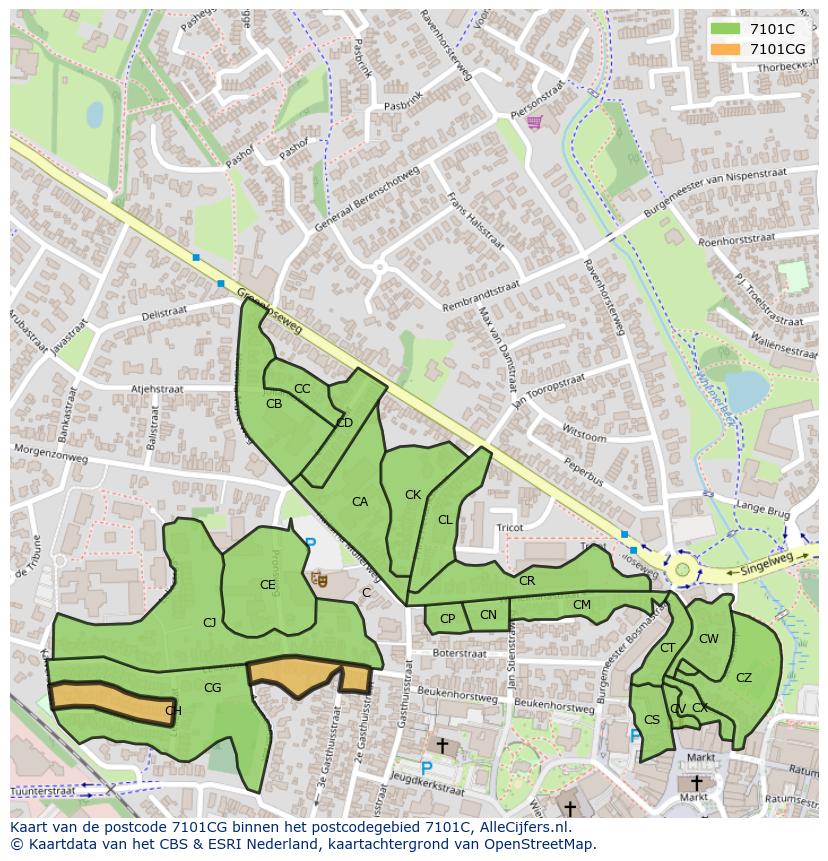 Afbeelding van het postcodegebied 7101 CG op de kaart.