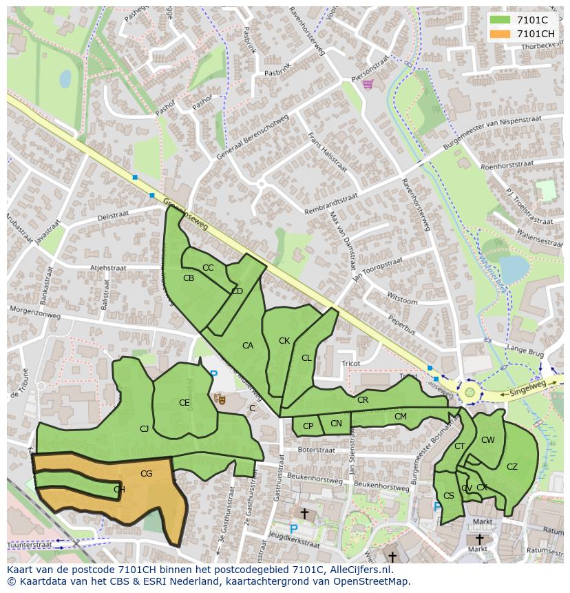 Afbeelding van het postcodegebied 7101 CH op de kaart.