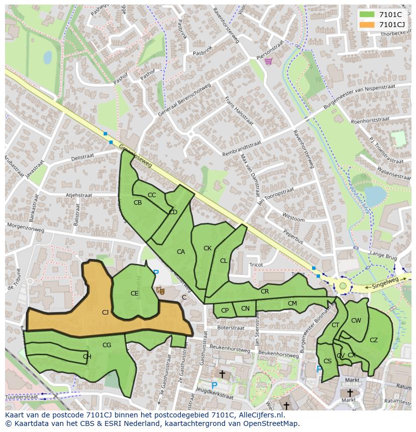 Afbeelding van het postcodegebied 7101 CJ op de kaart.