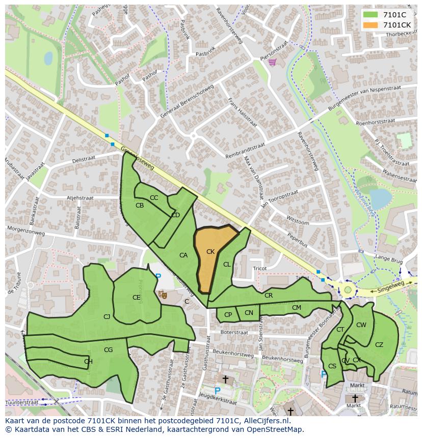 Afbeelding van het postcodegebied 7101 CK op de kaart.