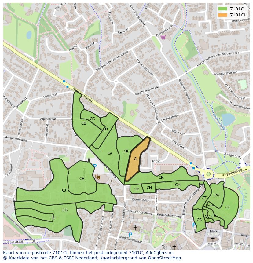 Afbeelding van het postcodegebied 7101 CL op de kaart.