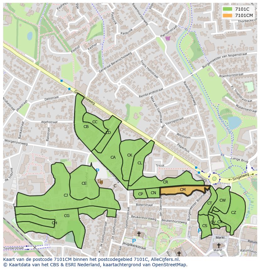 Afbeelding van het postcodegebied 7101 CM op de kaart.