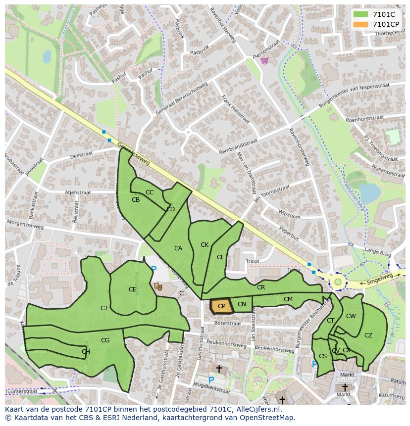 Afbeelding van het postcodegebied 7101 CP op de kaart.