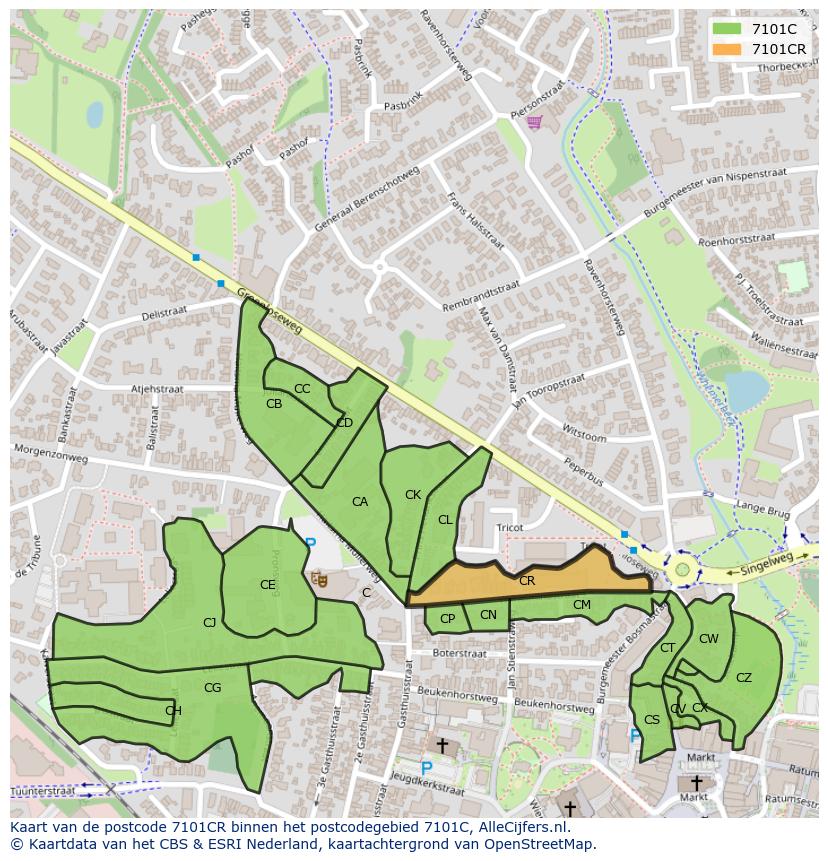 Afbeelding van het postcodegebied 7101 CR op de kaart.