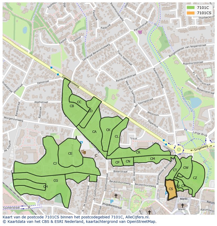 Afbeelding van het postcodegebied 7101 CS op de kaart.