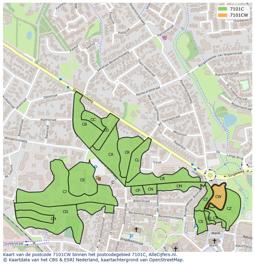 Afbeelding van het postcodegebied 7101 CW op de kaart.