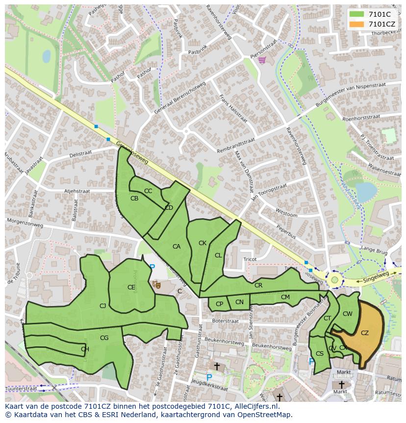 Afbeelding van het postcodegebied 7101 CZ op de kaart.
