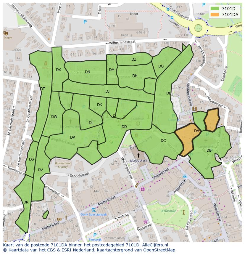 Afbeelding van het postcodegebied 7101 DA op de kaart.