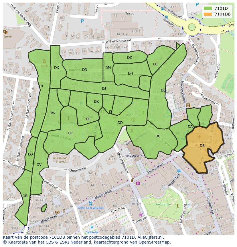 Afbeelding van het postcodegebied 7101 DB op de kaart.