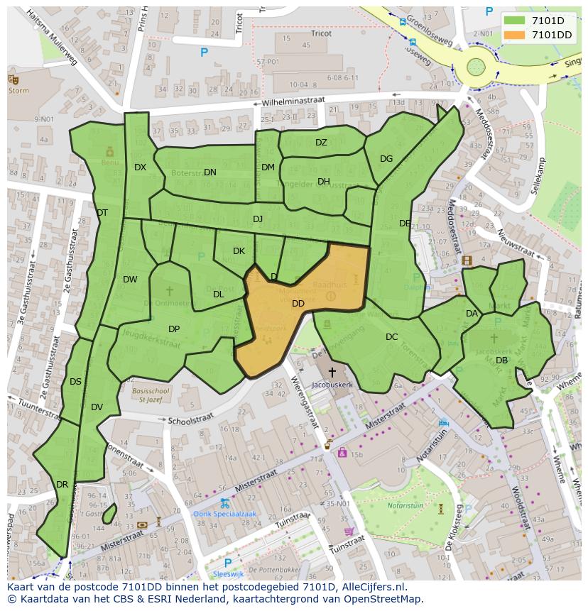 Afbeelding van het postcodegebied 7101 DD op de kaart.