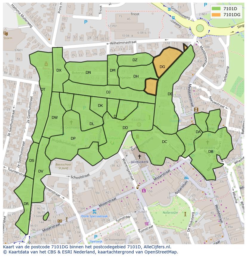 Afbeelding van het postcodegebied 7101 DG op de kaart.