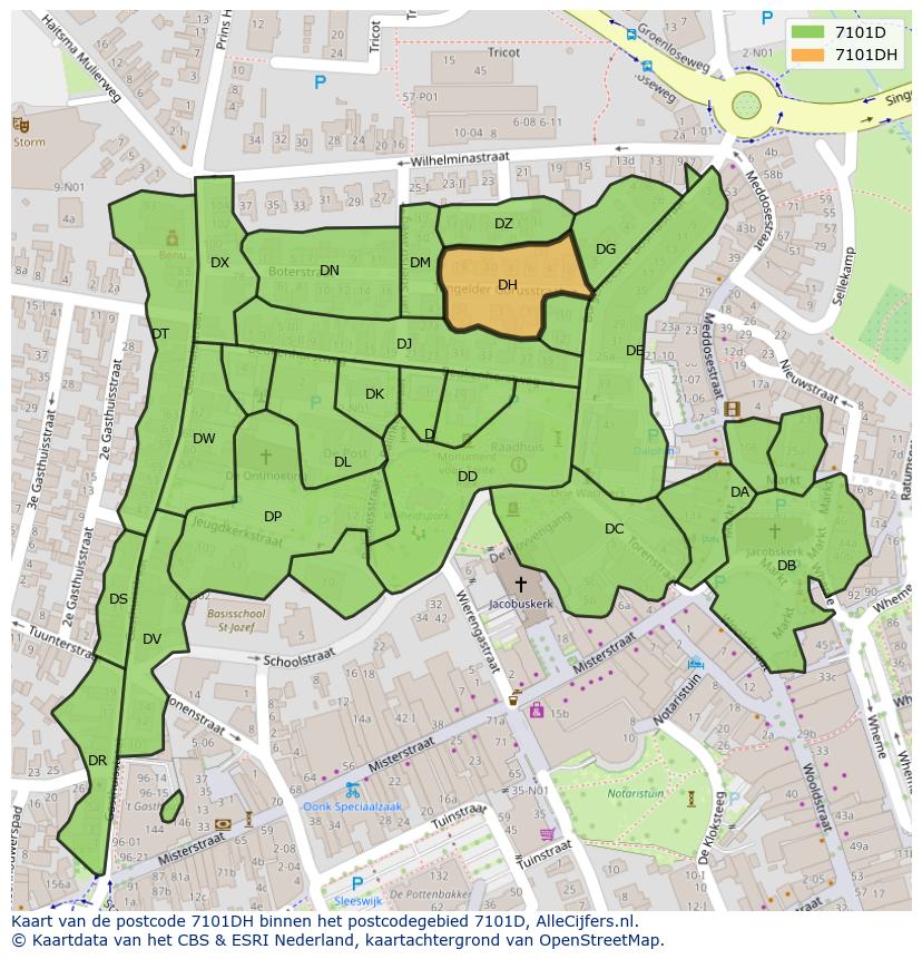 Afbeelding van het postcodegebied 7101 DH op de kaart.