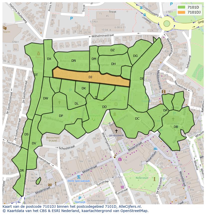 Afbeelding van het postcodegebied 7101 DJ op de kaart.