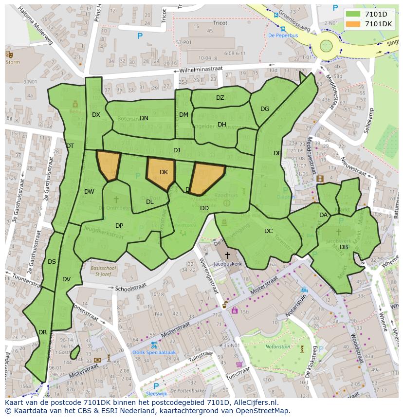 Afbeelding van het postcodegebied 7101 DK op de kaart.