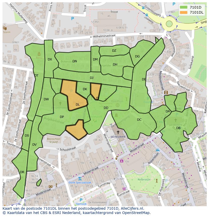 Afbeelding van het postcodegebied 7101 DL op de kaart.