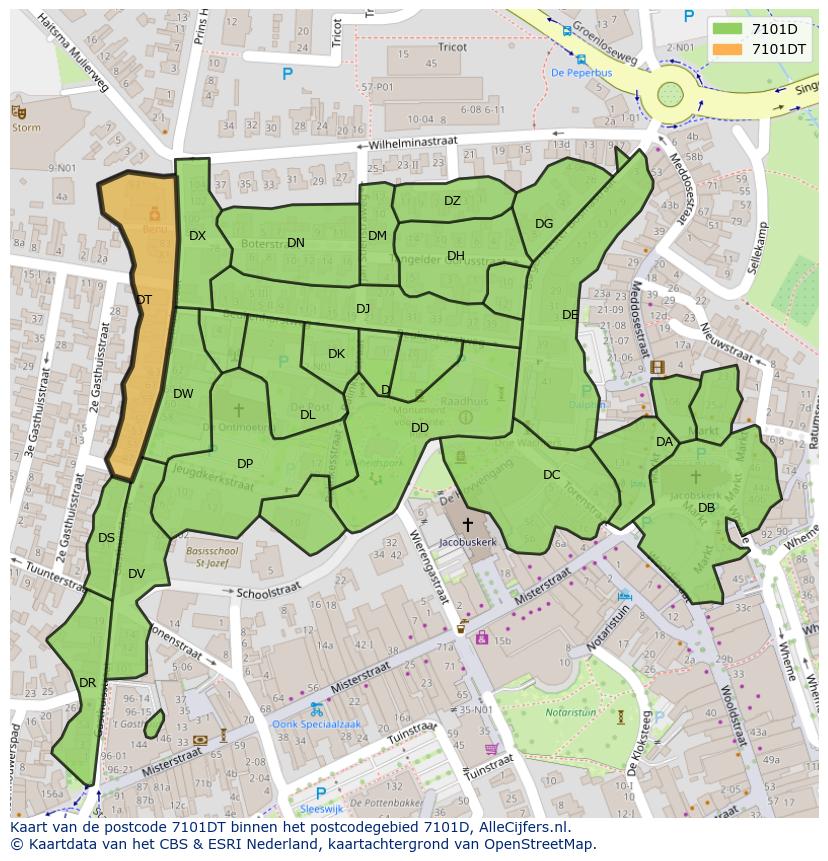 Afbeelding van het postcodegebied 7101 DT op de kaart.
