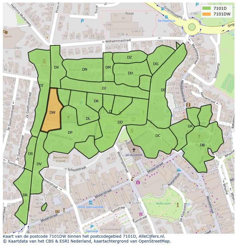 Afbeelding van het postcodegebied 7101 DW op de kaart.