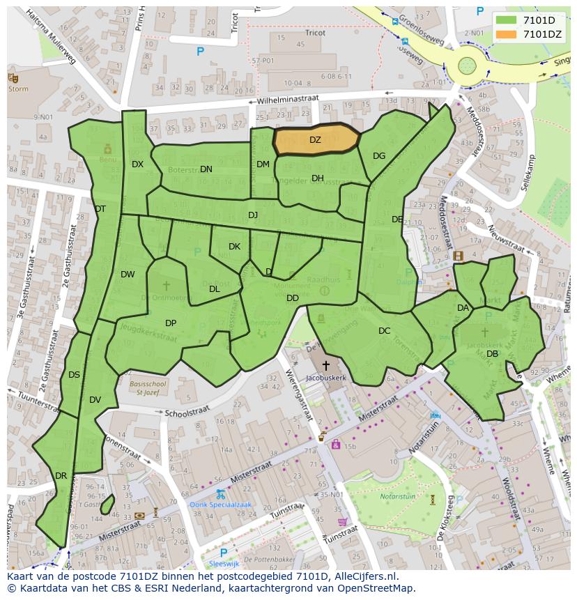 Afbeelding van het postcodegebied 7101 DZ op de kaart.