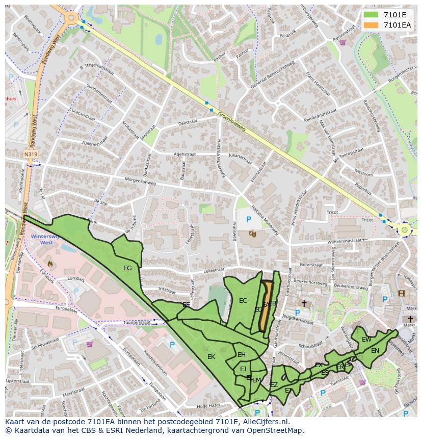Afbeelding van het postcodegebied 7101 EA op de kaart.