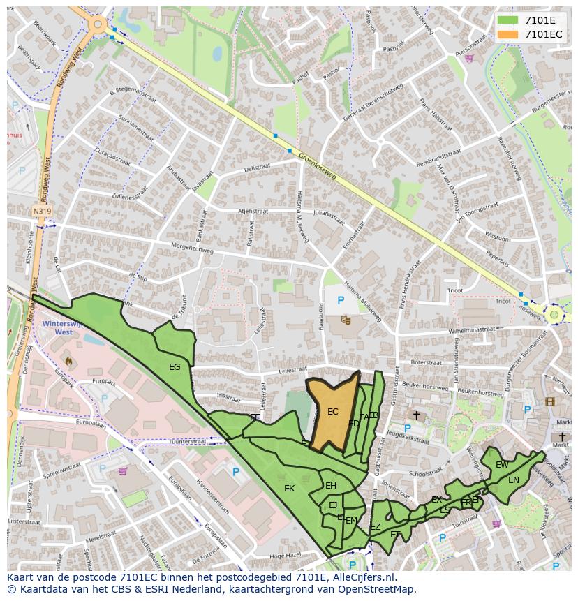 Afbeelding van het postcodegebied 7101 EC op de kaart.