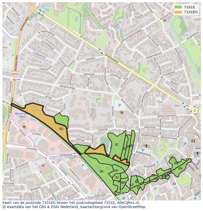 Afbeelding van het postcodegebied 7101 EG op de kaart.