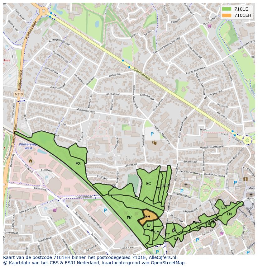 Afbeelding van het postcodegebied 7101 EH op de kaart.
