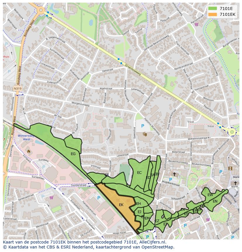 Afbeelding van het postcodegebied 7101 EK op de kaart.