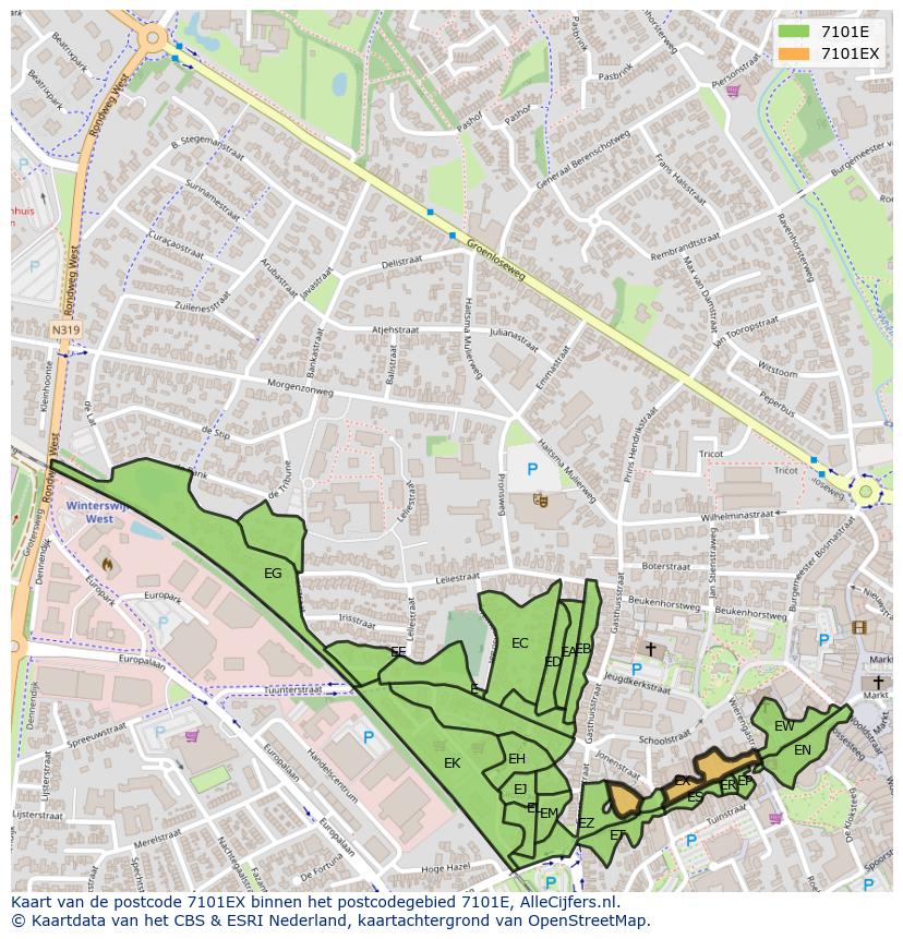 Afbeelding van het postcodegebied 7101 EX op de kaart.