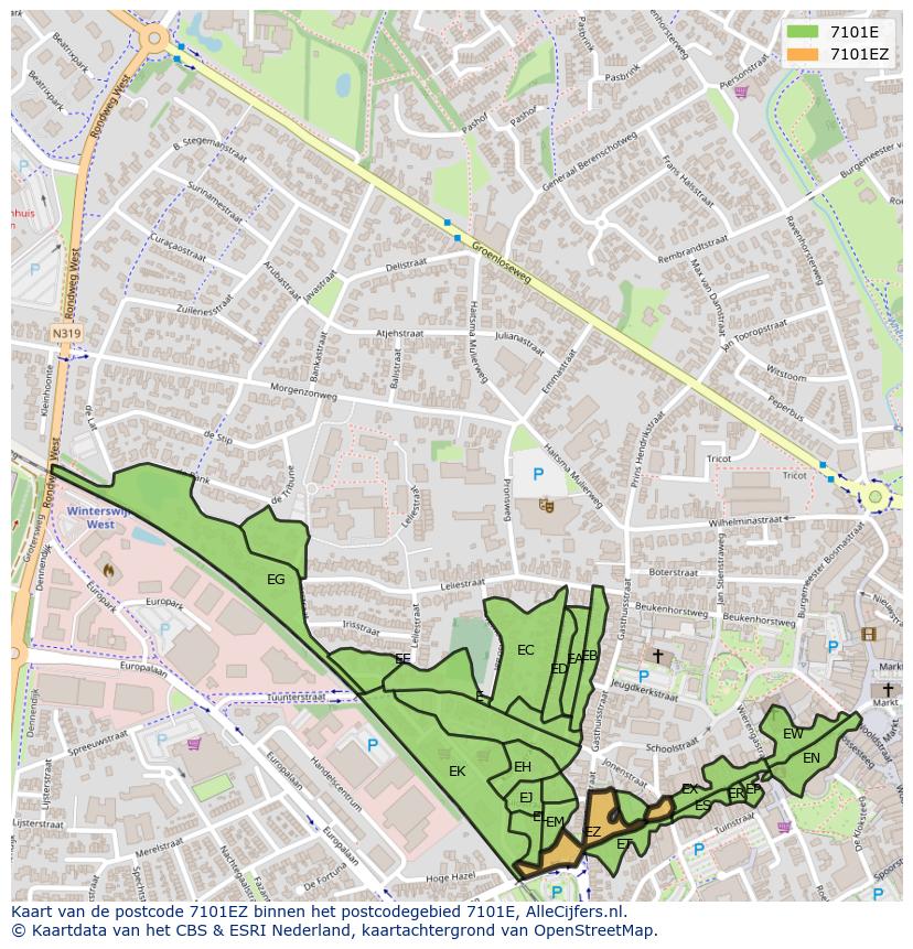 Afbeelding van het postcodegebied 7101 EZ op de kaart.