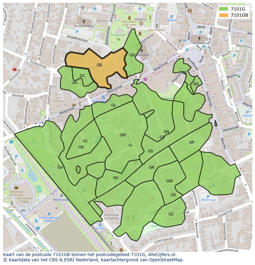 Afbeelding van het postcodegebied 7101 GB op de kaart.