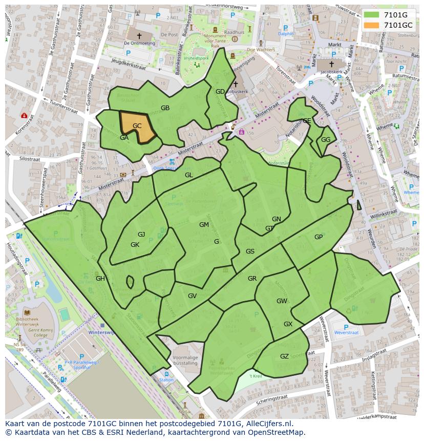 Afbeelding van het postcodegebied 7101 GC op de kaart.