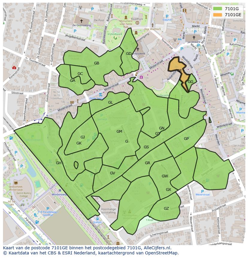 Afbeelding van het postcodegebied 7101 GE op de kaart.