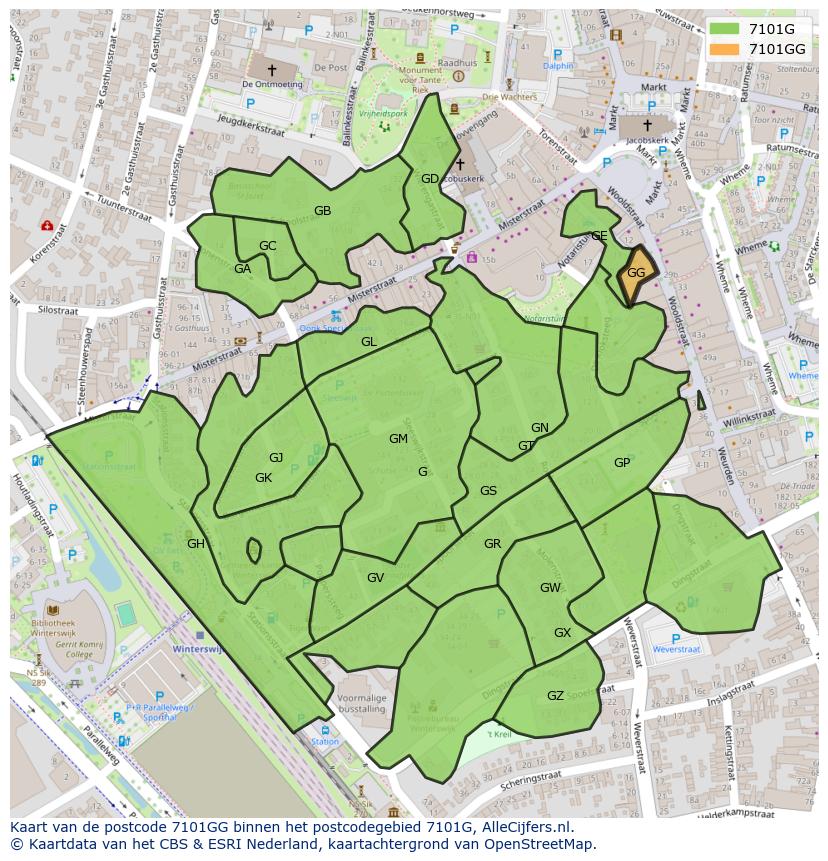 Afbeelding van het postcodegebied 7101 GG op de kaart.