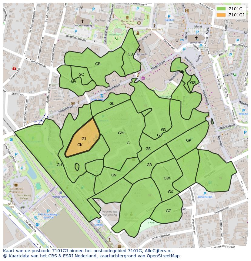 Afbeelding van het postcodegebied 7101 GJ op de kaart.