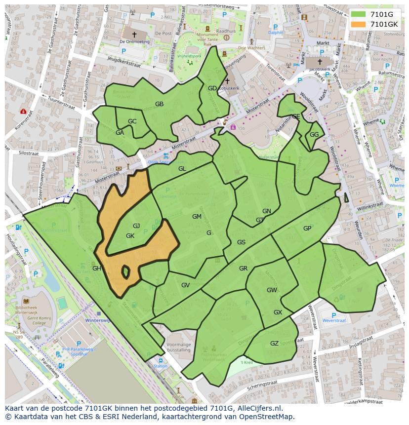 Afbeelding van het postcodegebied 7101 GK op de kaart.