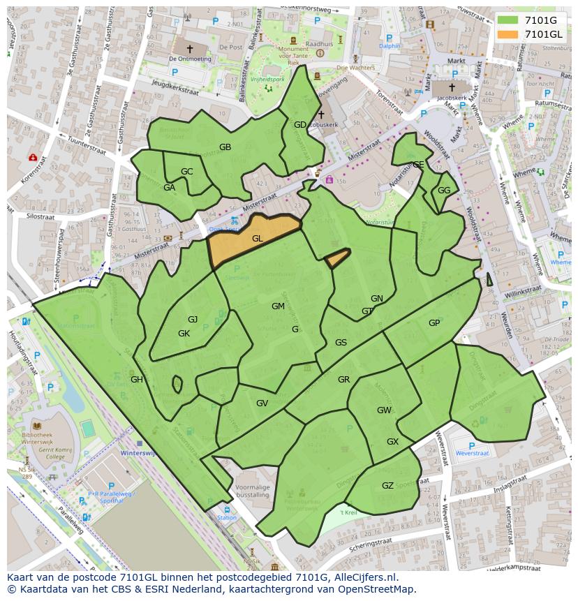 Afbeelding van het postcodegebied 7101 GL op de kaart.