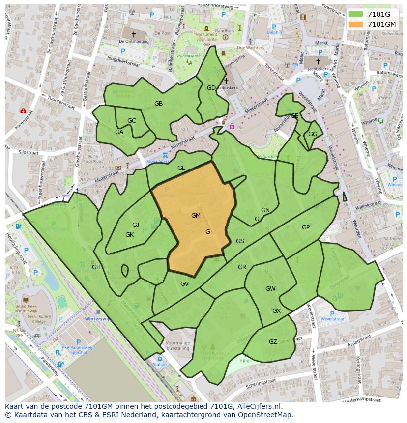 Afbeelding van het postcodegebied 7101 GM op de kaart.