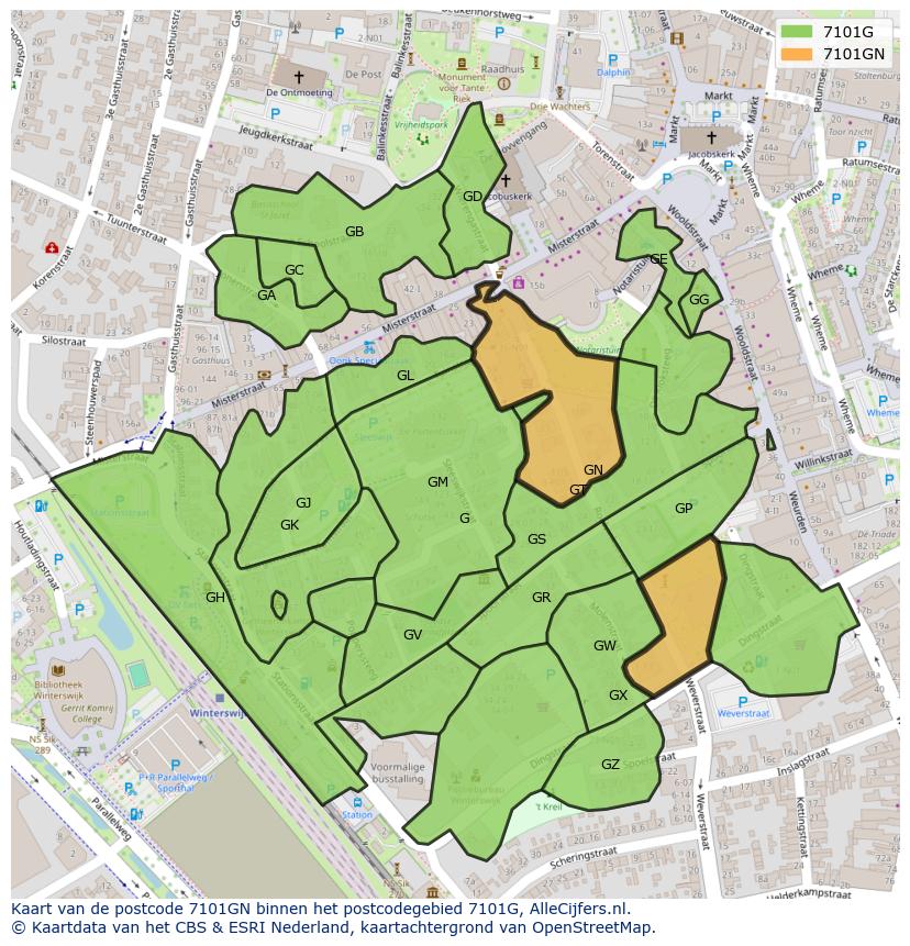 Afbeelding van het postcodegebied 7101 GN op de kaart.