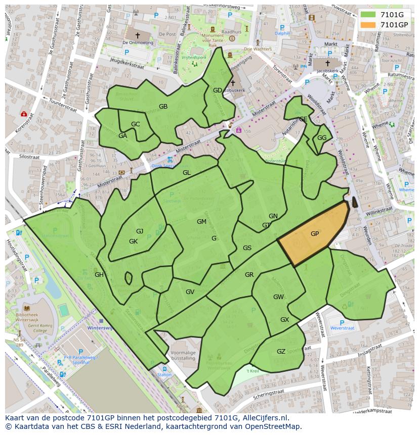Afbeelding van het postcodegebied 7101 GP op de kaart.