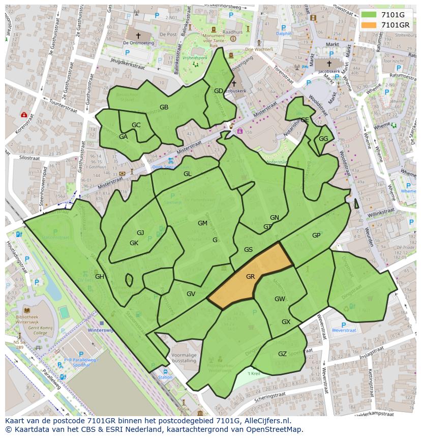 Afbeelding van het postcodegebied 7101 GR op de kaart.