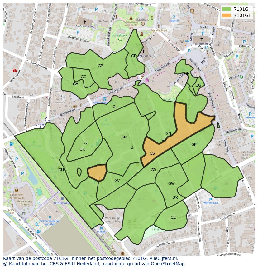 Afbeelding van het postcodegebied 7101 GT op de kaart.