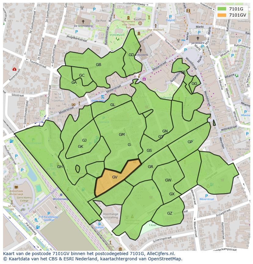 Afbeelding van het postcodegebied 7101 GV op de kaart.