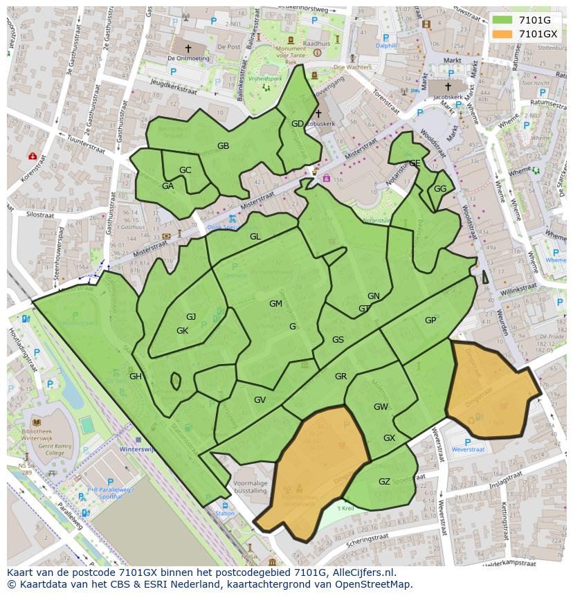 Afbeelding van het postcodegebied 7101 GX op de kaart.