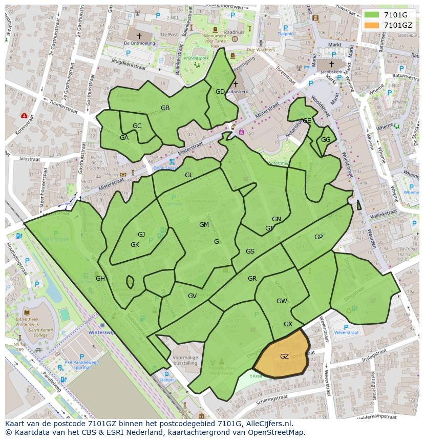 Afbeelding van het postcodegebied 7101 GZ op de kaart.